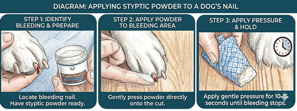 Hand applying styptic powder to dog nail with step-by-step visual guide