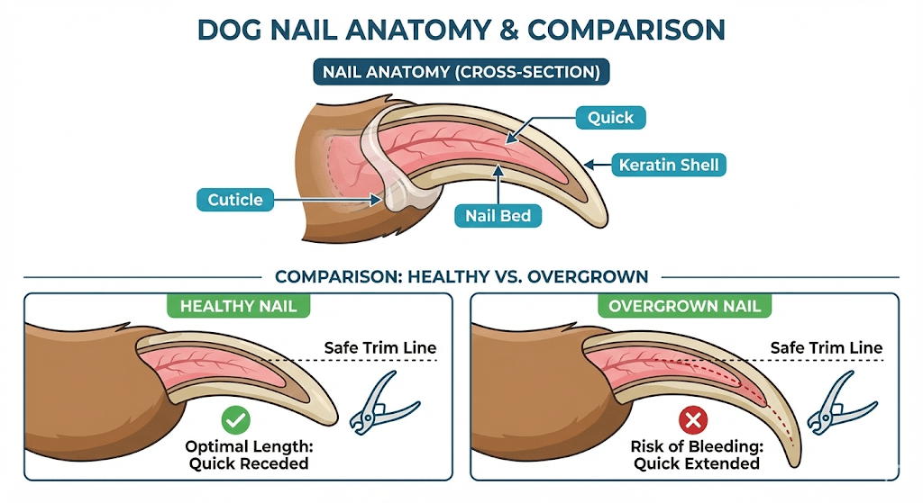 Infographic showing dog nail anatomy with labeled parts