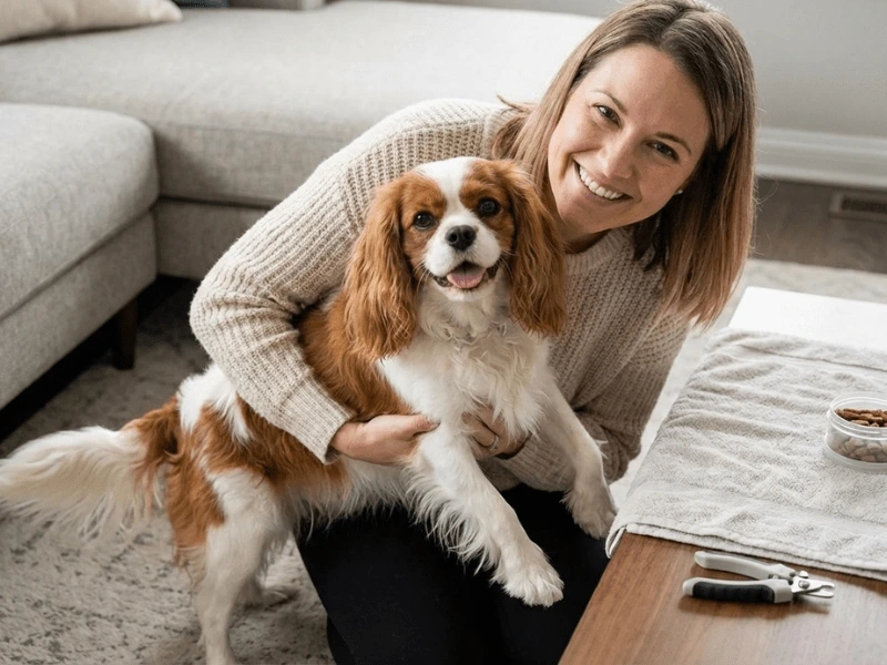 Happy small dog with owner after successful nail trimming session, both looking content