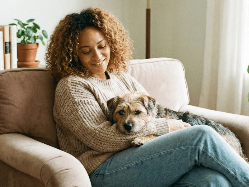 Owner sitting calmly with small dog in lap, both appearing relaxed