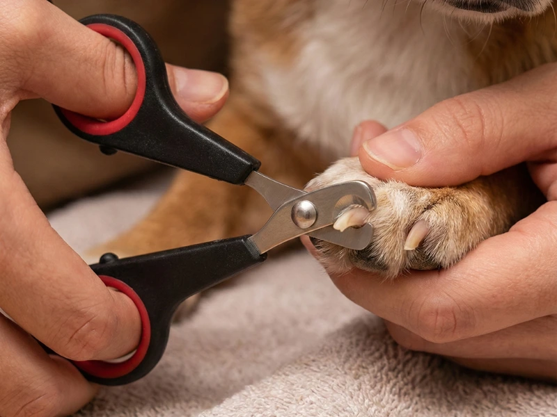 Close-up of Scissor-style clipper in use on small dog paw