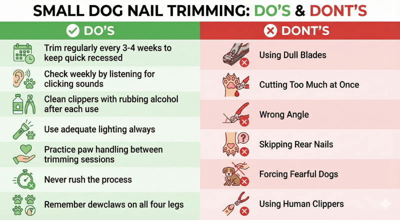 Infographic showing small dog nail trimming do's and don'ts with icons