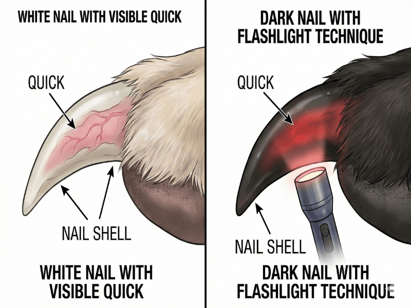 Split image showing nail anatomy - one side with white nail showing visible quick, other side with dark nail and flashlight technique